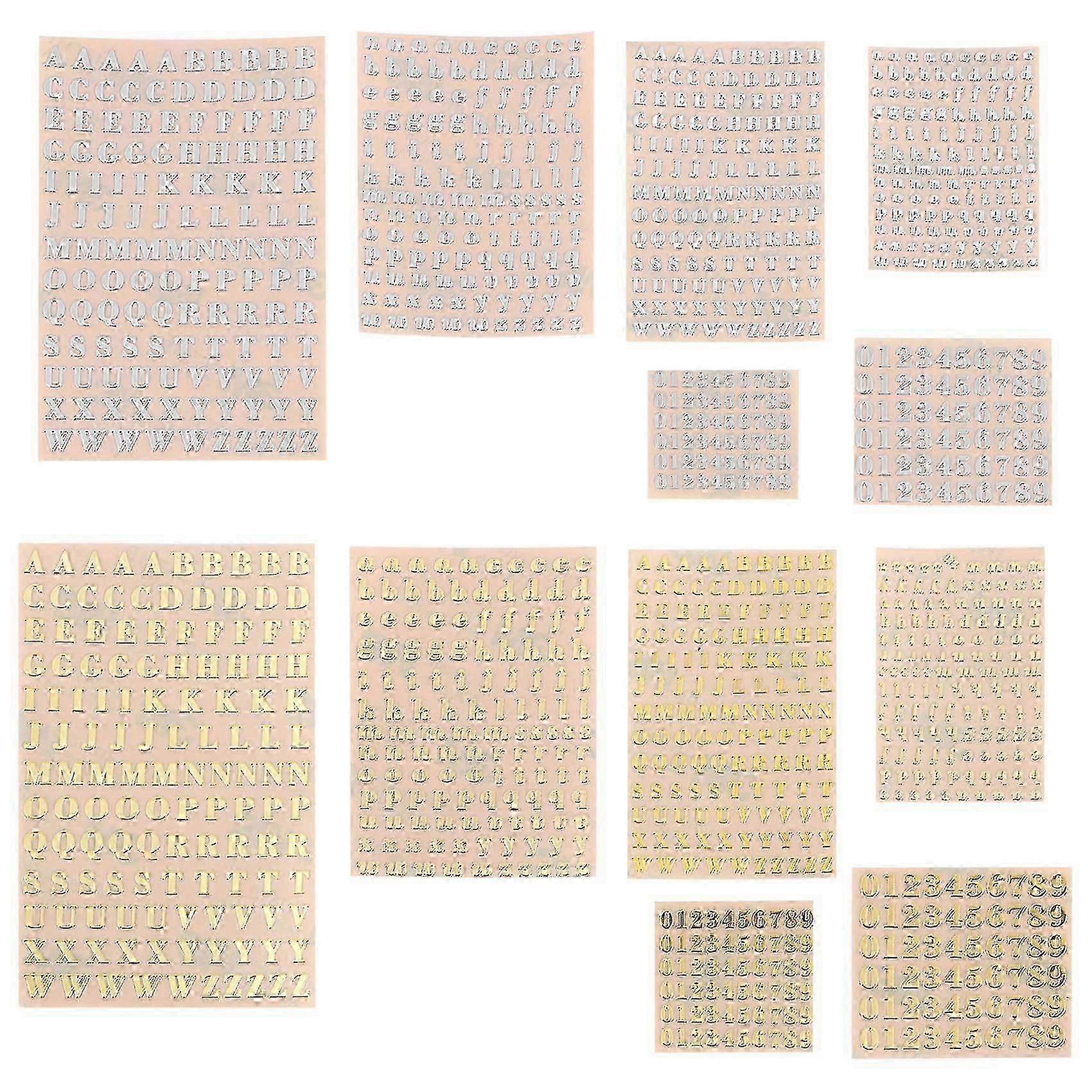 12 Sheets of Resin Art Stickers Featuring Small Alphabet and Number Designs, Glitter Alloy Self-Adhesive Stickers
