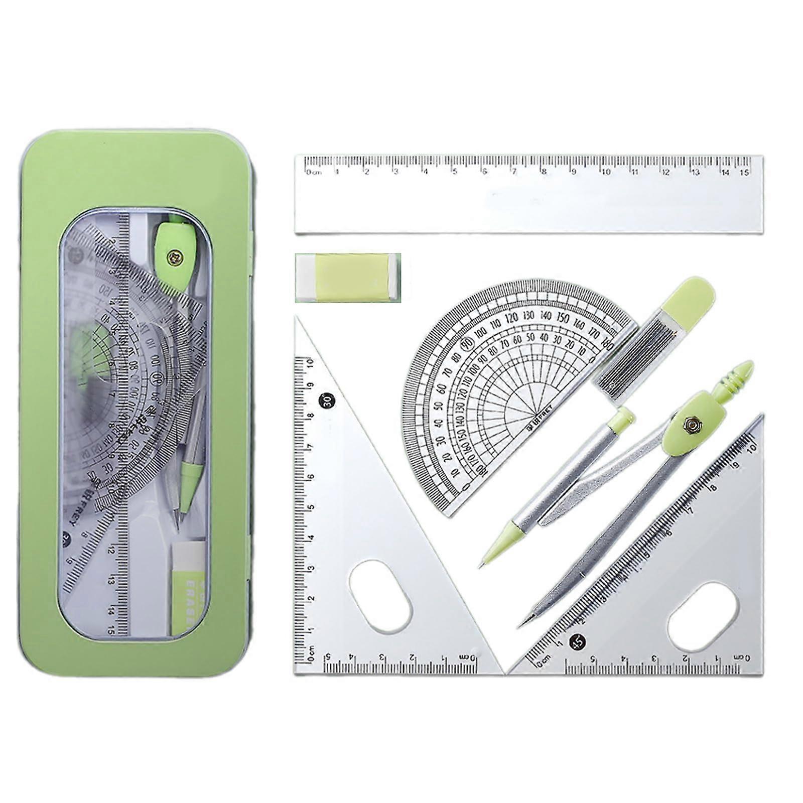 7 Pcs School Geometry Tool Set for Students Including Metal Geometry Tool, Set Square, Eraser, Protractor, Storage Case Green Ref: 9731