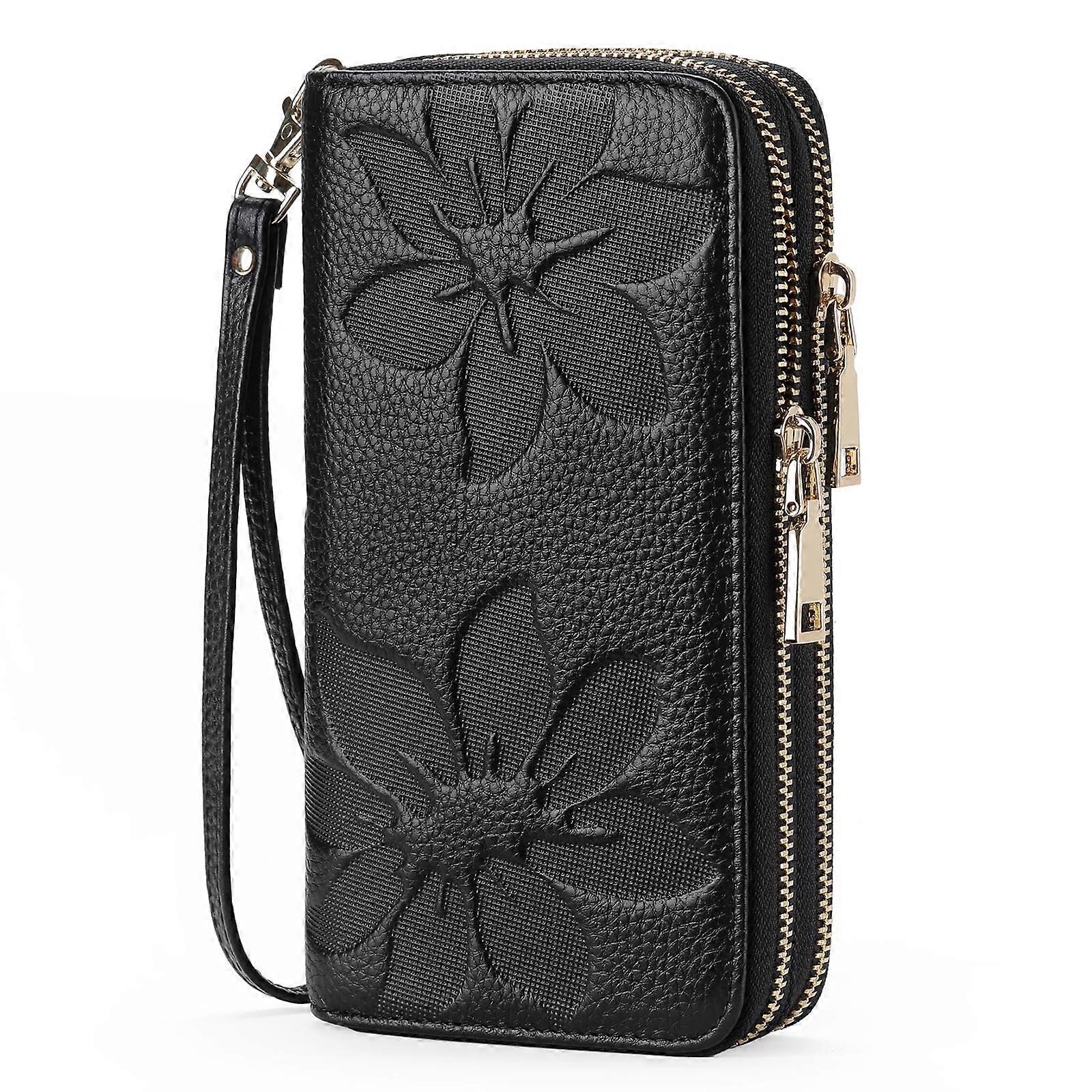 Women's Large RFID Leather Purse Double Zip Wallet with Wrist Strap in Black, A01 Model, Spacious Design and Secure Storage