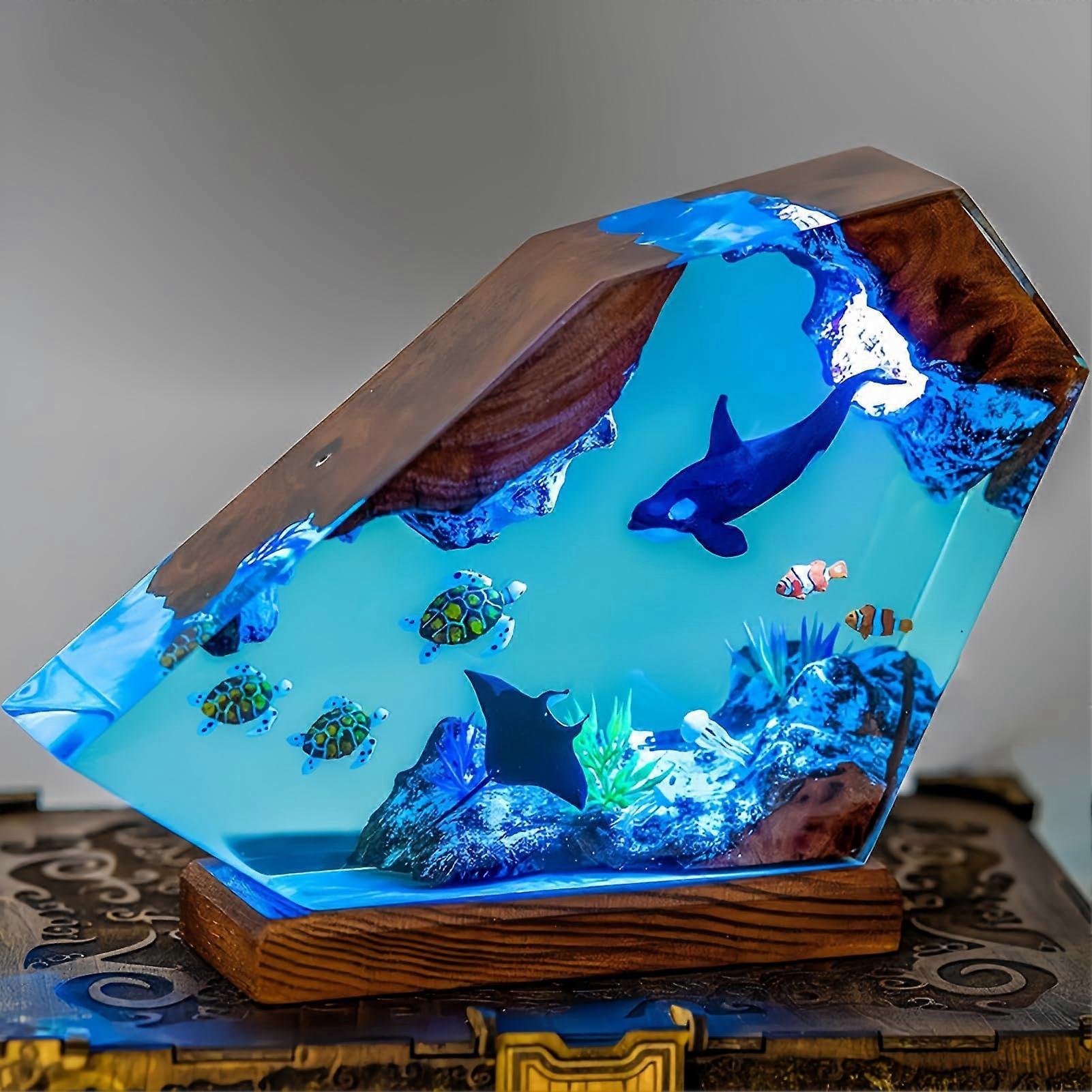 3D Ocean Night Light Resin Ornaments with Wooden Base Remote Control LED Night Lights (A6)