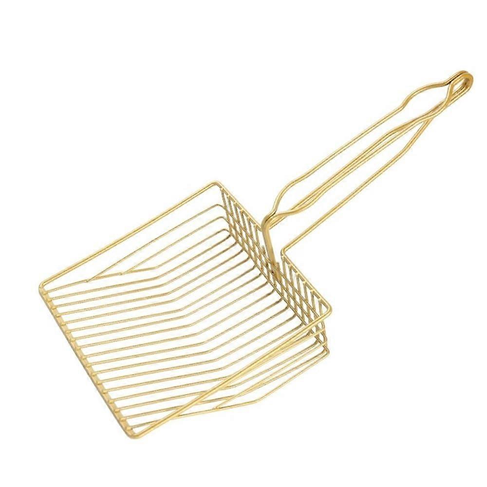 Hanging stainless steel cat litter scoop with long handle and fine mesh for pets, size, gold.
