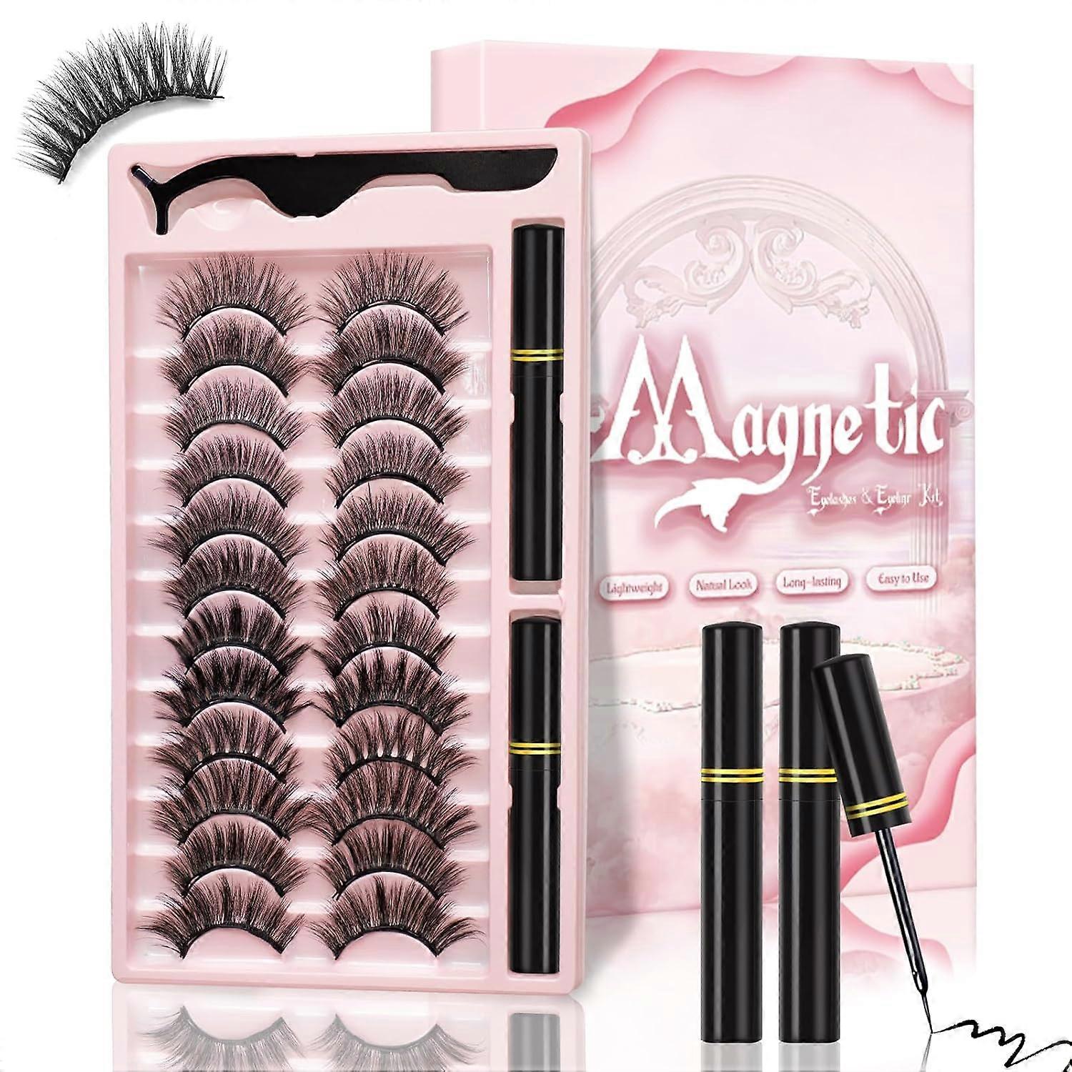 Magnetic Eyelashes and Eyeliner Set, 12 Pairs Different Magnetic Eyelashes 3D Natural Makeup with Eyeliner and Tweezers, Easy to Apply, Reusable