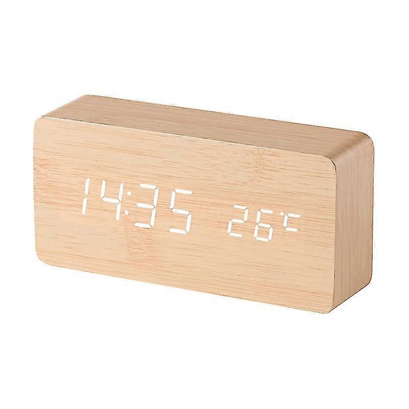 ThreeH LED Digital Alarm Clock Artificial Wood Alarm Clock with Time, Temperature, Date Display, AC Voice Control