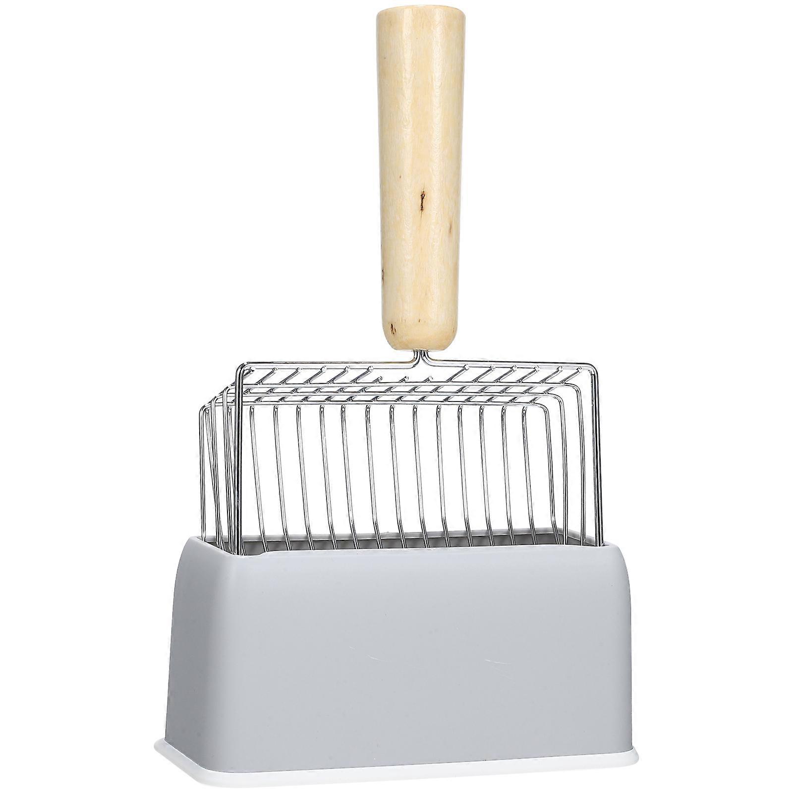 Metal Cat Litter Scoop with Wooden Handle for Pet Use Large Size and Comfortable Grip Grey ABS Storage Base