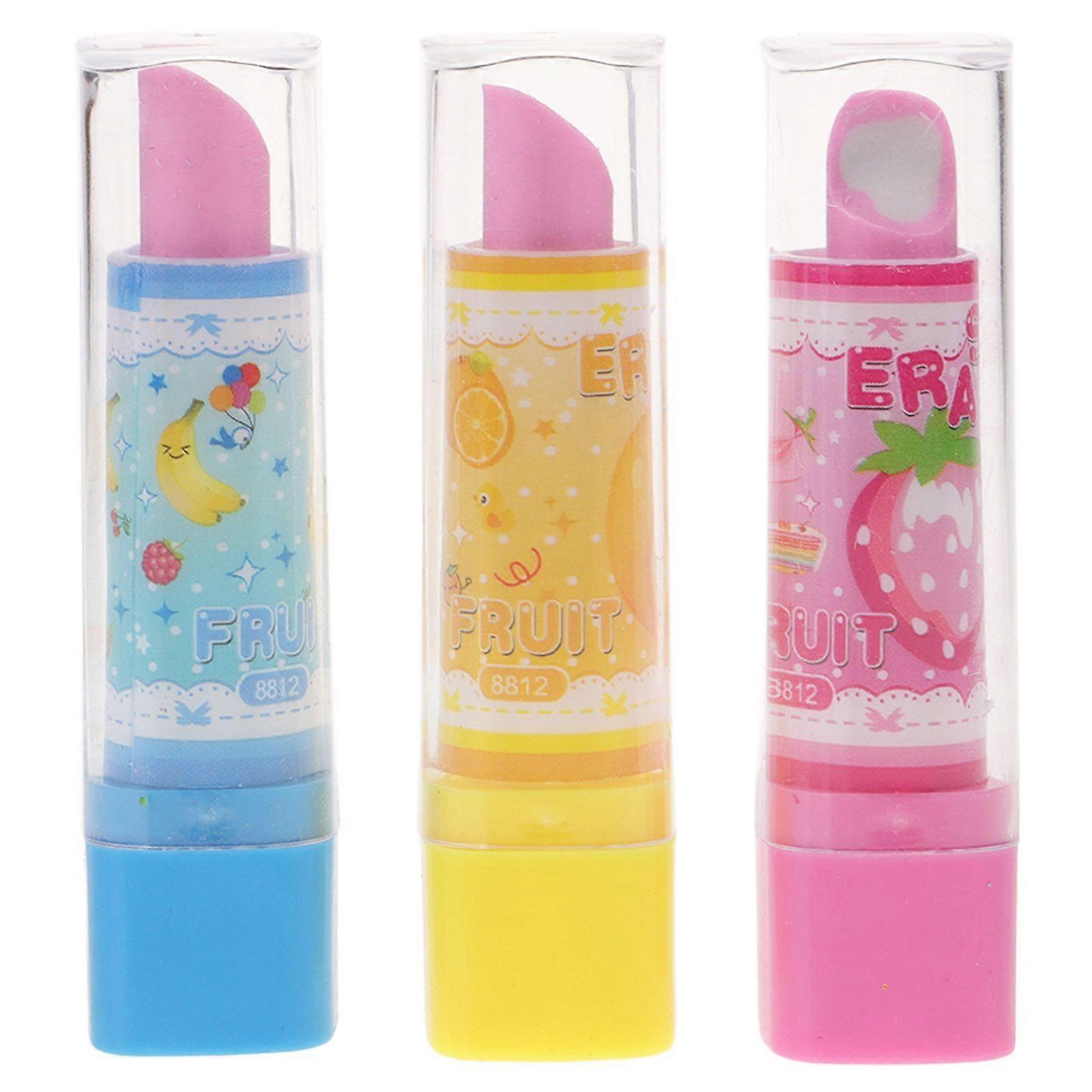 3pcs Ruj Forma Eraser Creative Papetărie Fructe Model Creion Eraser Cadou creativ pentru copii Elevii (Random Color)