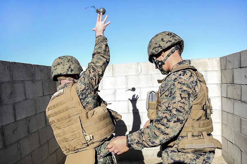 U.S. Marine practices throwing a training grenad. Poster