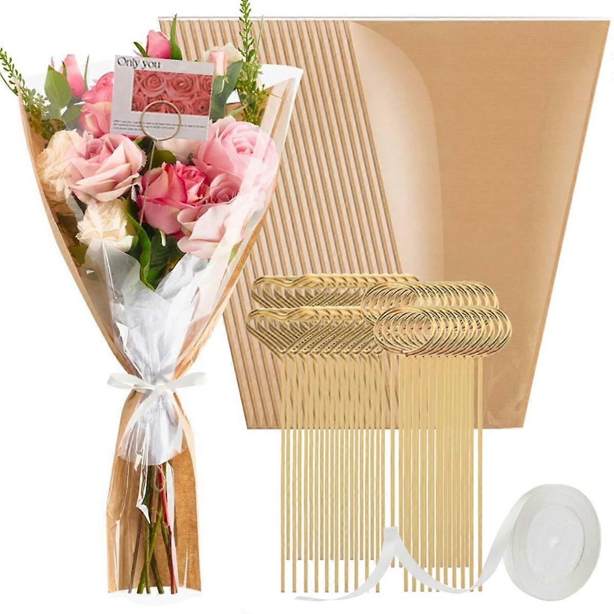 40 Pcs Bouquet Wrapping Paper-Kraft Paper-Flower Bags with Card Holder Picks and Ribbons for Birthd