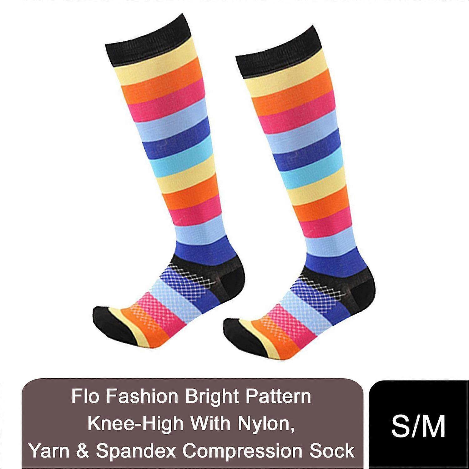 Flo Bright Pattern Knee High Compression Socks Colour Stripes Travel