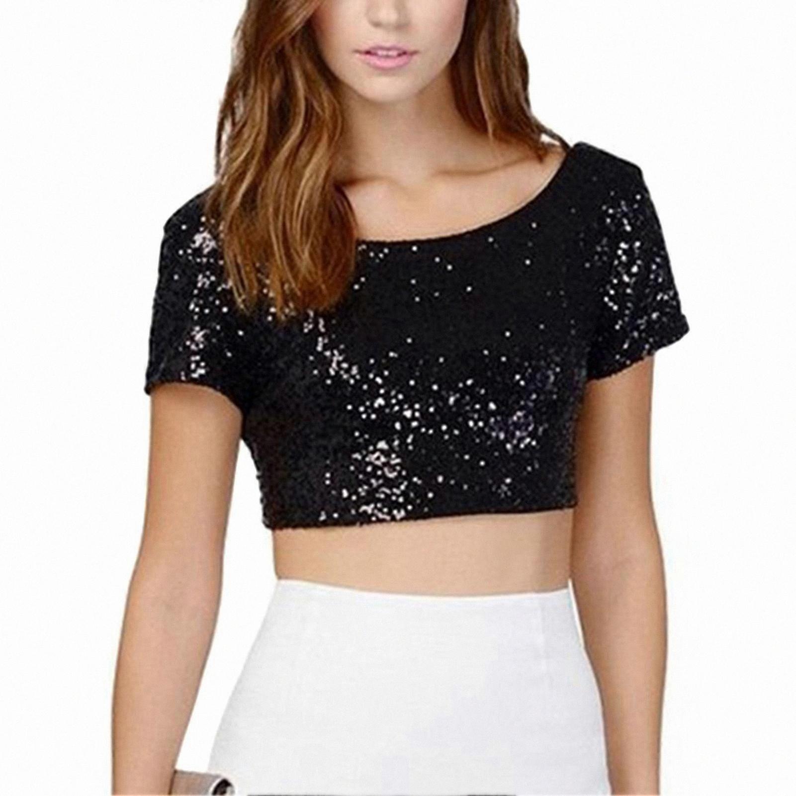 Shimmering Sequin Crop Top with Short Sleeves for Women - Stylish Warm-Weather Apparel Choice