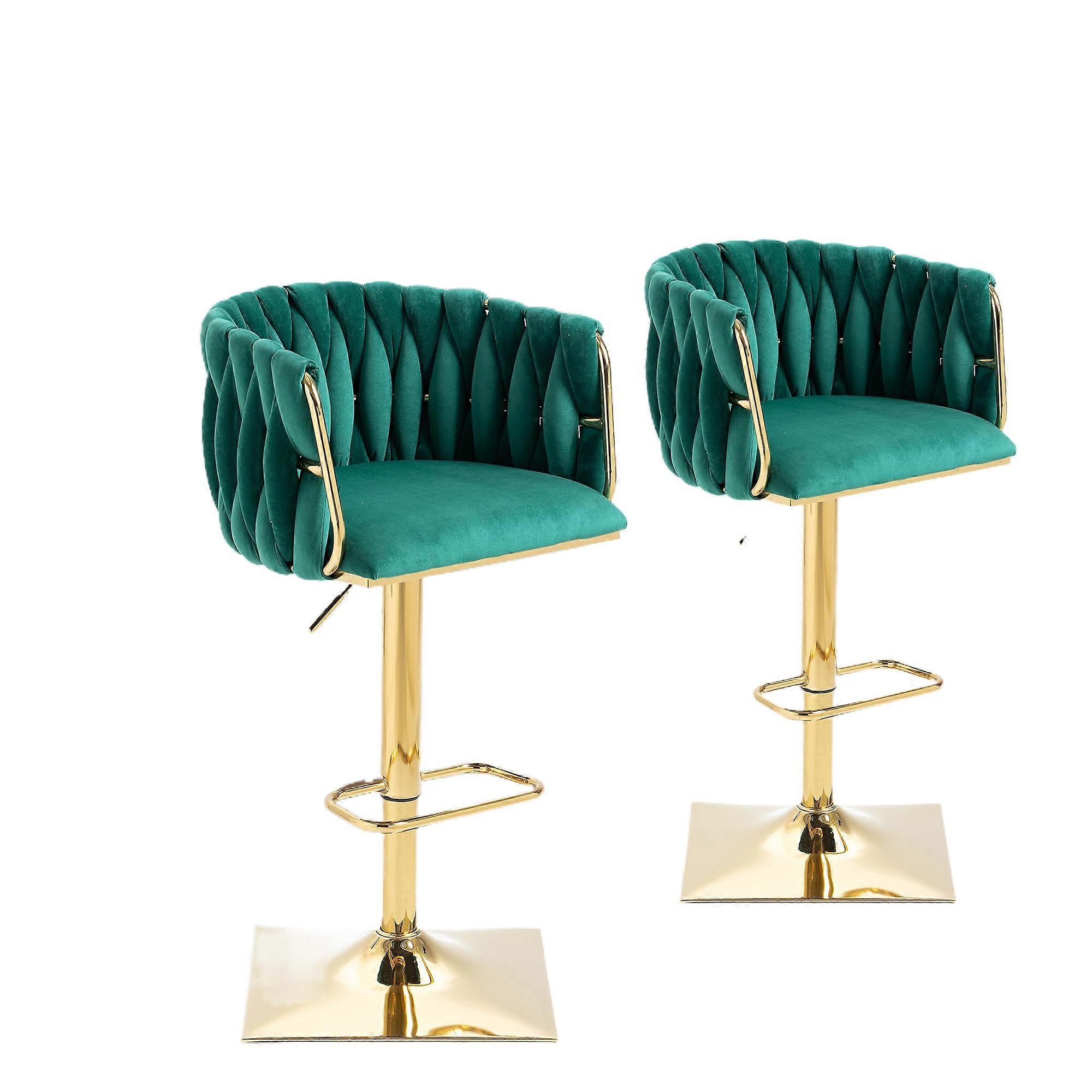 Modern Adjustable Velvet Bar Stools Set 2 Gold Swivel Emerald