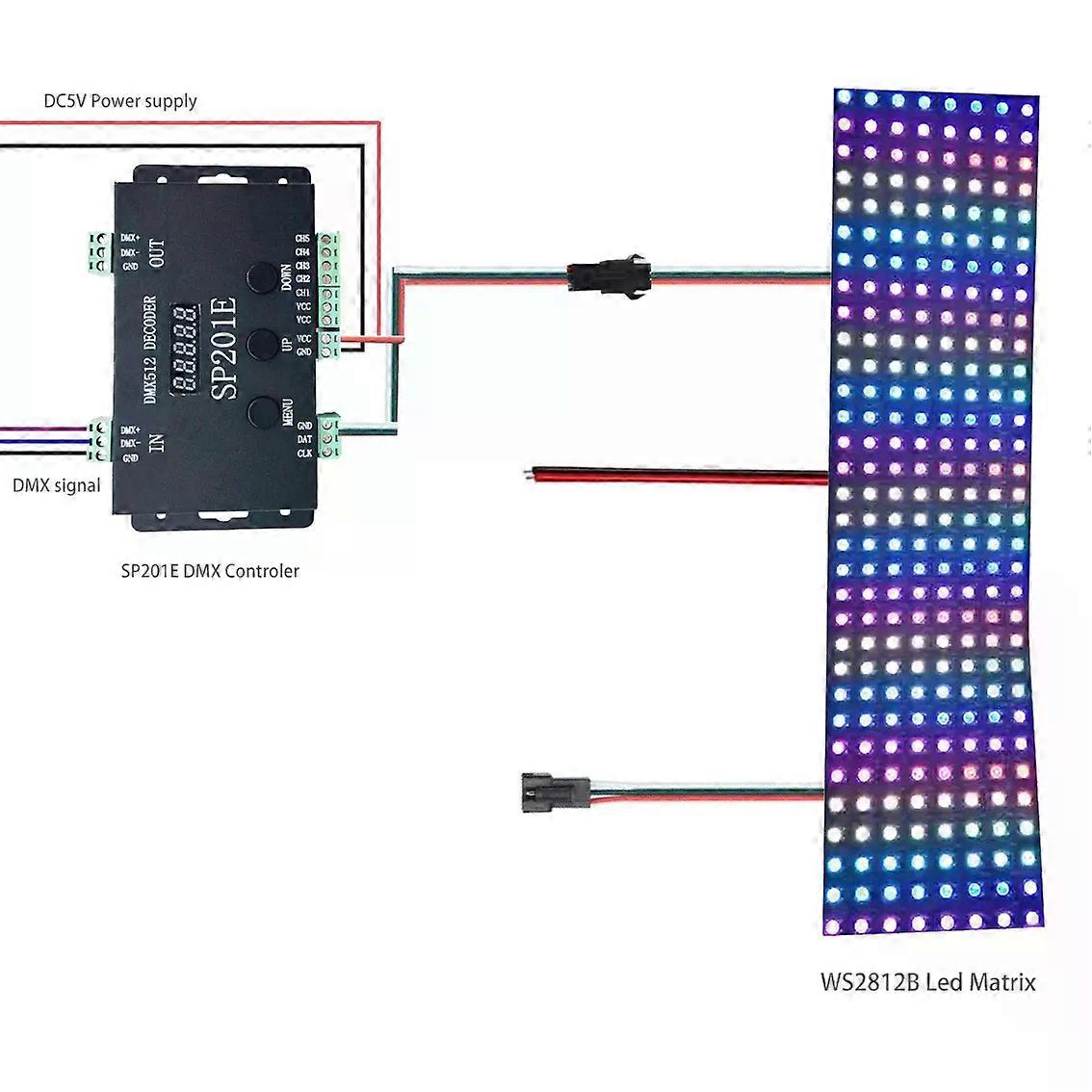 WS2812B WS2811 DMX to SPI Led Controller Decoder and WS2812 led Matrix Panel SP201E 5 Channel DMX 512 RGB WW Decoder Controller
