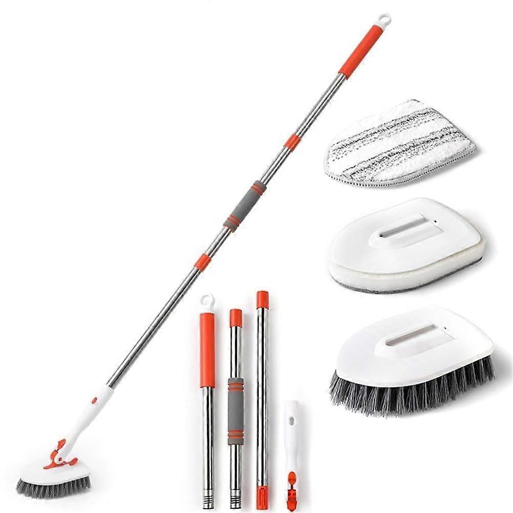 2 In 1 Tub Tile Scrubber Brush 180 Degree Adjustable Telescopic Pole Stiff Bristles Scouring Pads Cleaning Tools