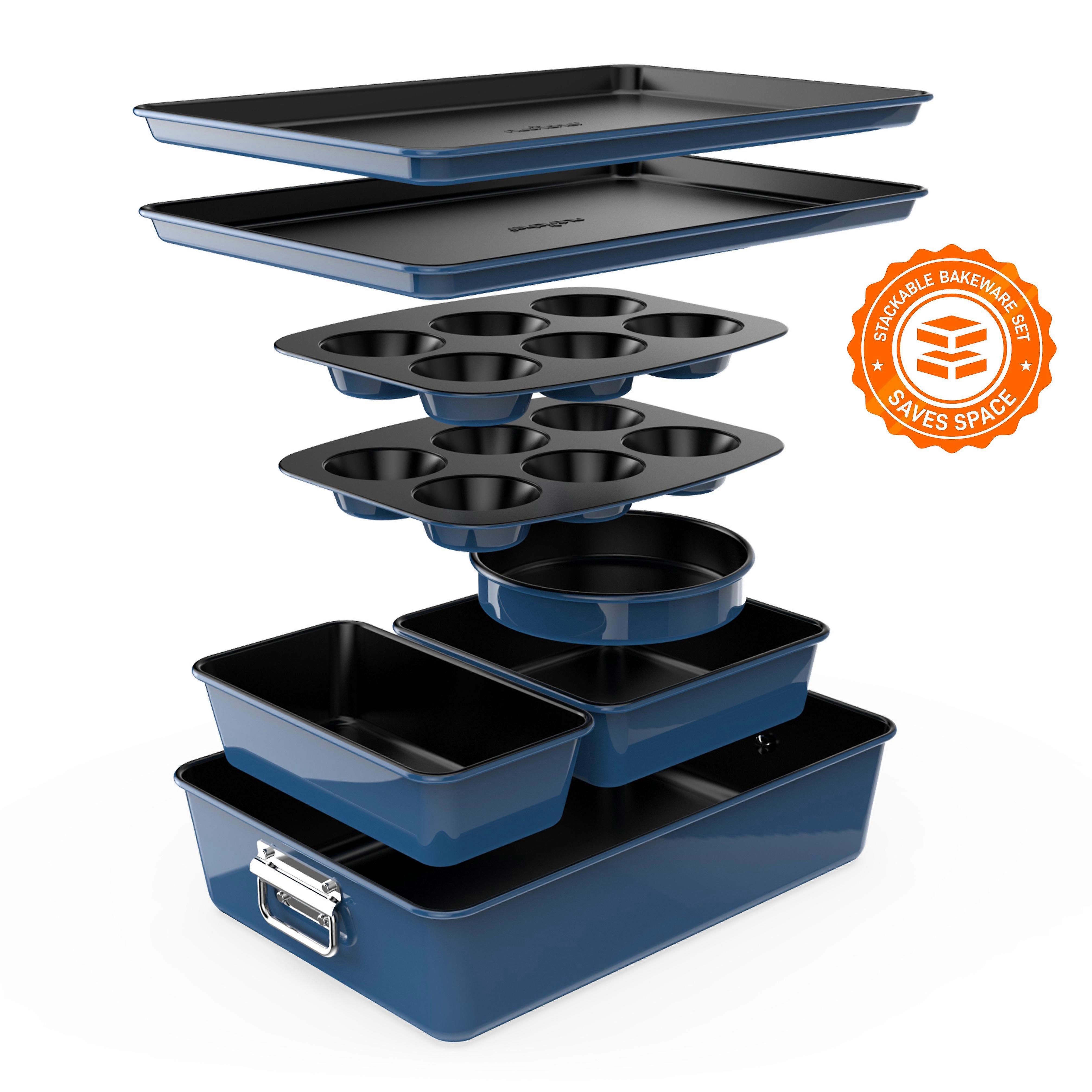 8pcs. Stackable Carbon Steel Bakeware Sets - Non-Stick Coating, Bake Tray Sheet Bakeware Set (Blue)