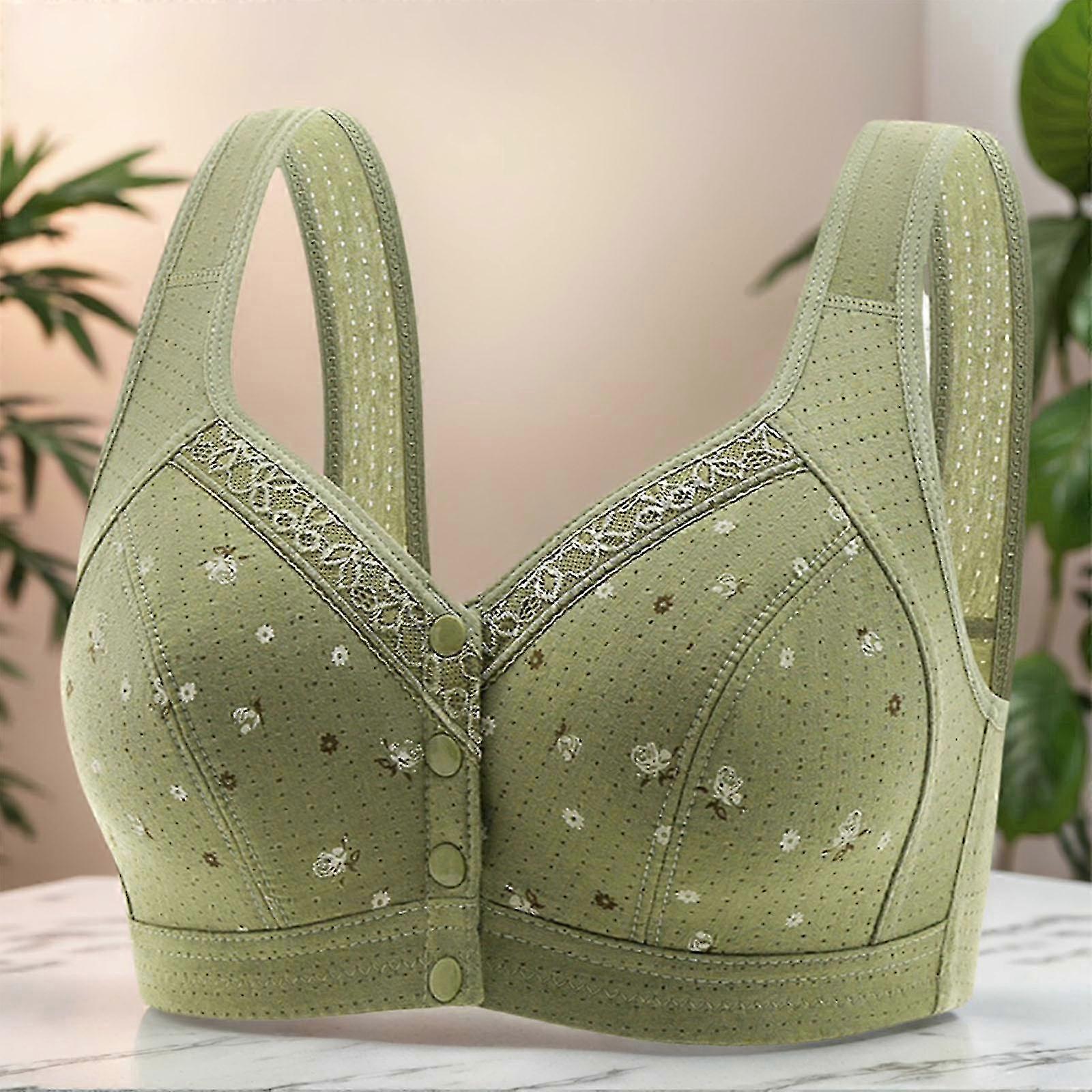 Middle Aged Women's Floral Print Wirefree Bra with No Underwire and Wide Straps Front Button Bras for Enhances Comfort Bean paste color 44 100
