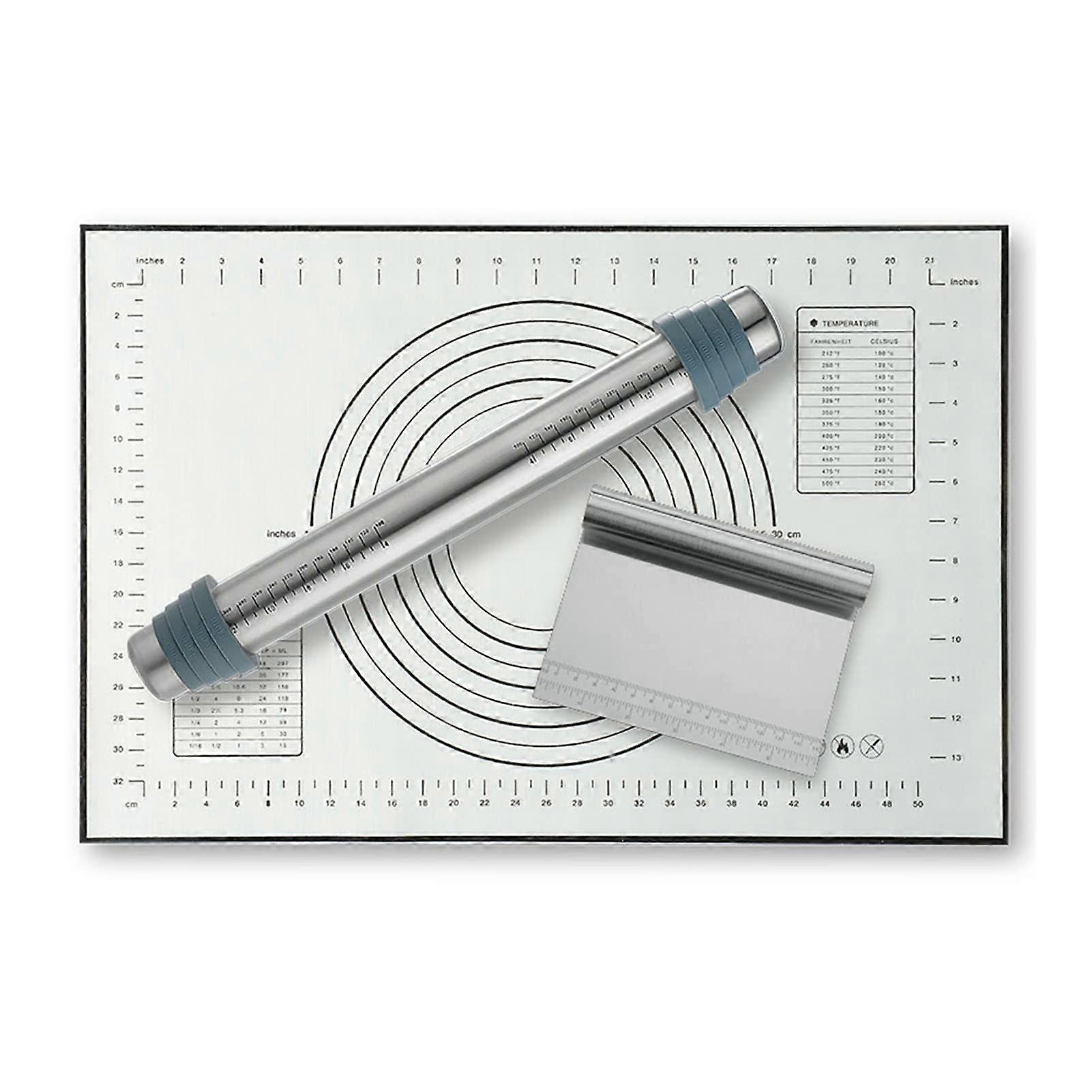 Rolling Pin and Pastry Baking Mat Set Adjustable Rolling Pin 430 Stainless Steel With Scale Mat And Dough Scraper