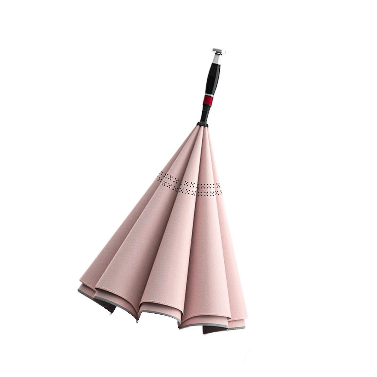 Guarda-chuva invertido de camada dupla resistente ao vento com cabo longo ergonômico, impermeável, rosa, para uso externo.