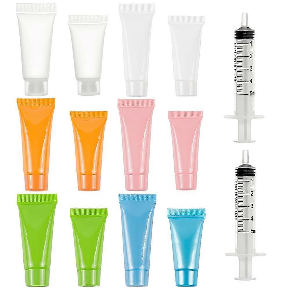 24PCS 5ml/10ml 6-Colors Plastic Squeeze Tubes Travel Size Makeup Sample Bottles with 4PCS Funnel and 2PCS 5ml Syringe for Lotion Cream Shampoo and Fac