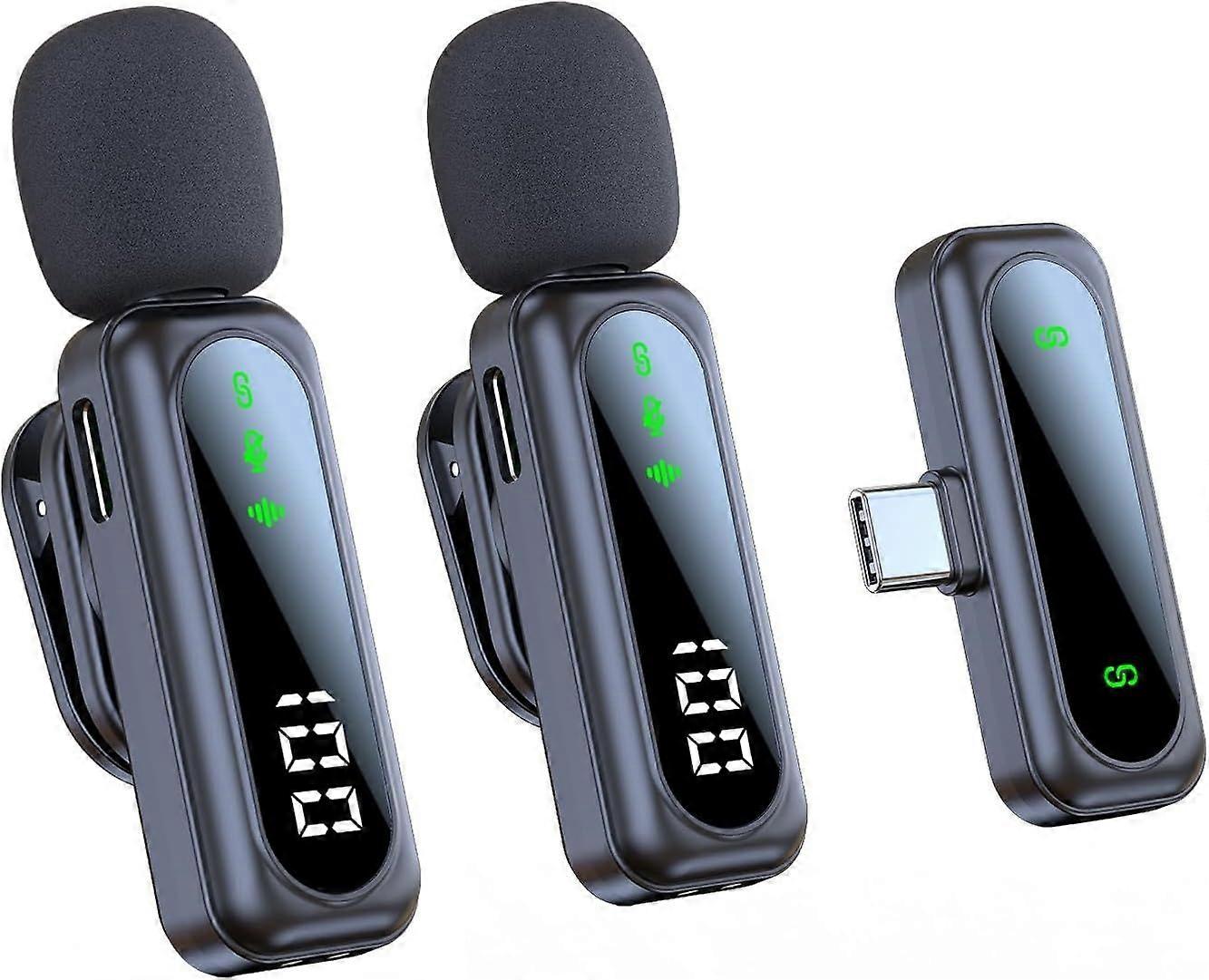 2-Pack Wireless Lavalier Mic - LED Display, Noise Cancelling, Omnidirectional, for Podcasts