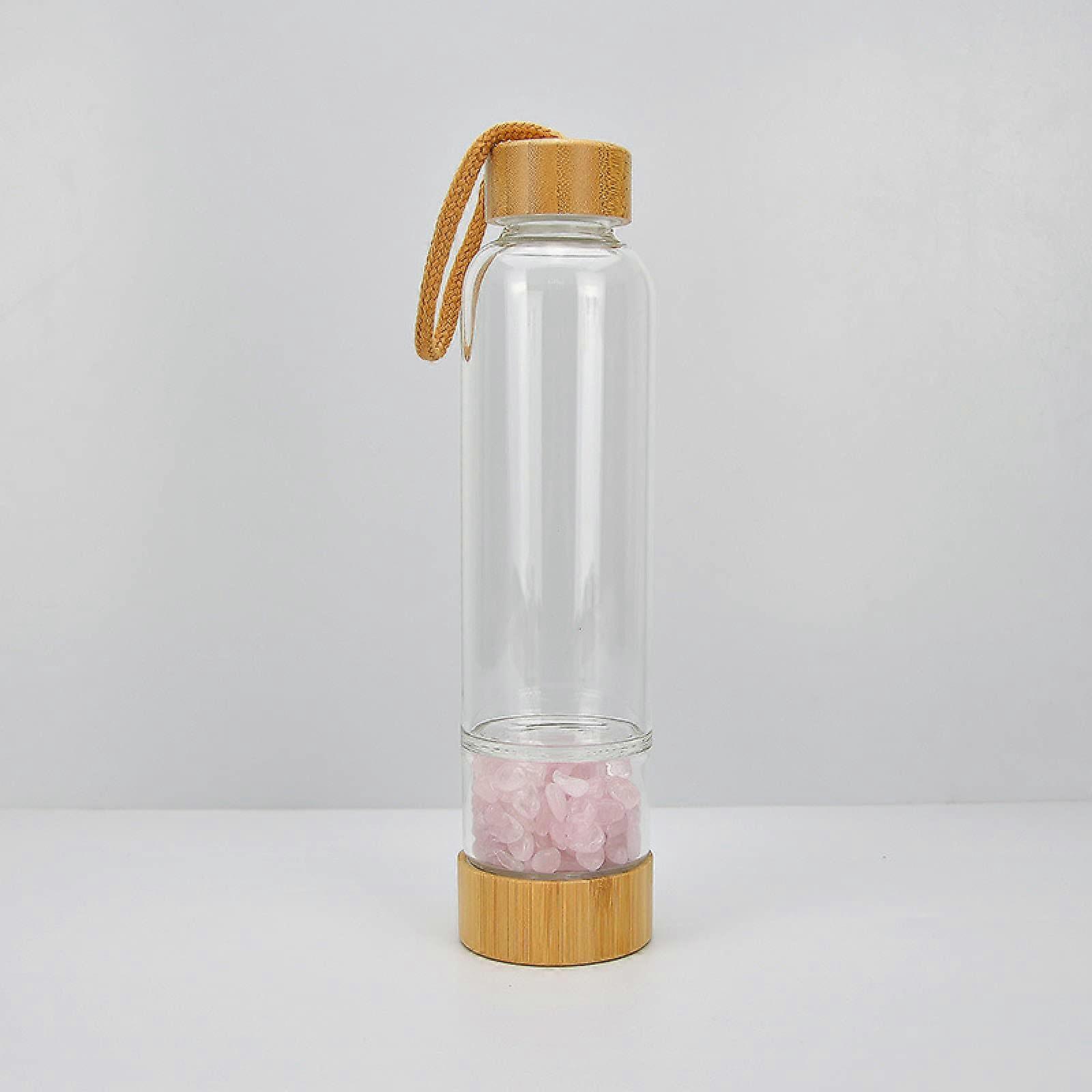 Rose Quartz Crystal Water Bottle with Bamboo Lid and Quartz Gravel for Direct Drinking, 1pc