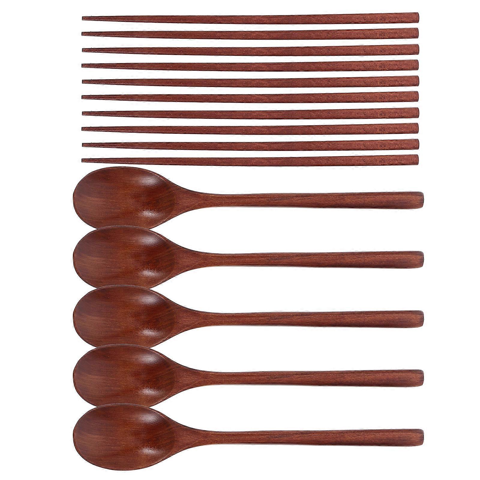 Reusable Wooden Spoon And Chopsticks Set For Lunch With Non-Slip Features Light Brown 5 Sets