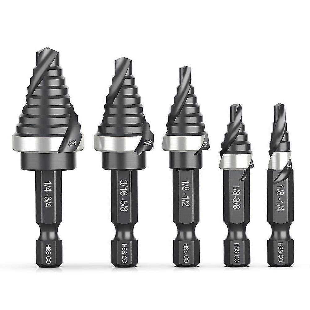 M35 Cobalt Spiral Flute Step Drill Bit Set, 5 Pcs Single Size HSS Step Bits (1/8"-3/4"), with 1/4" Shank Step Bits