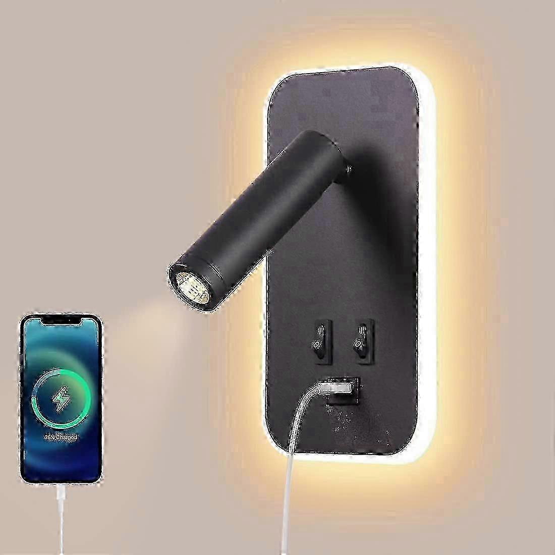 Adjustable LED Wall Lamp with Reading Light for Bedroom Mood Lighting, Switch and USB Port