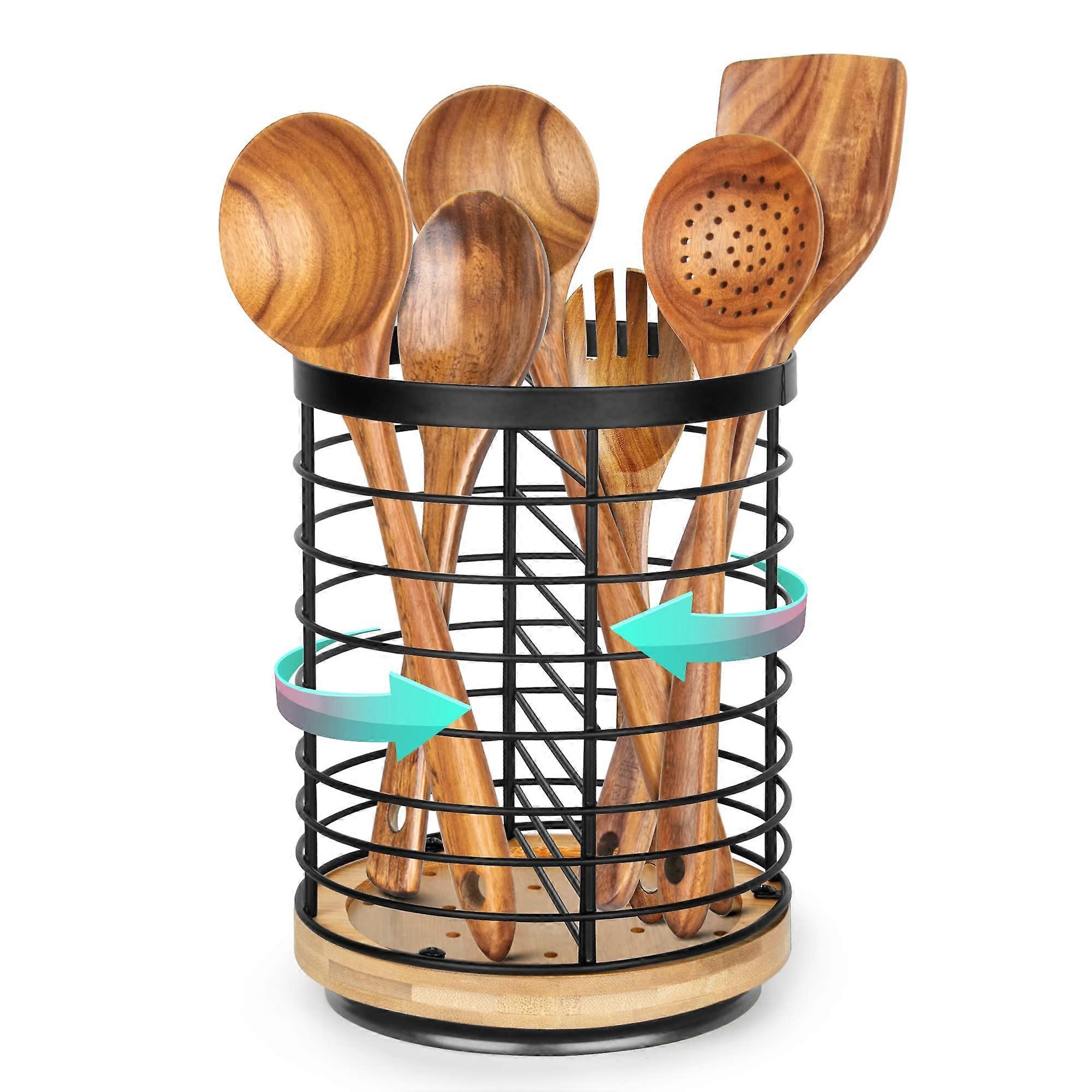 Large Rotating Kitchen Utensil Holder with 360° Base, Bamboo and Metal Countertop Tool Organizer