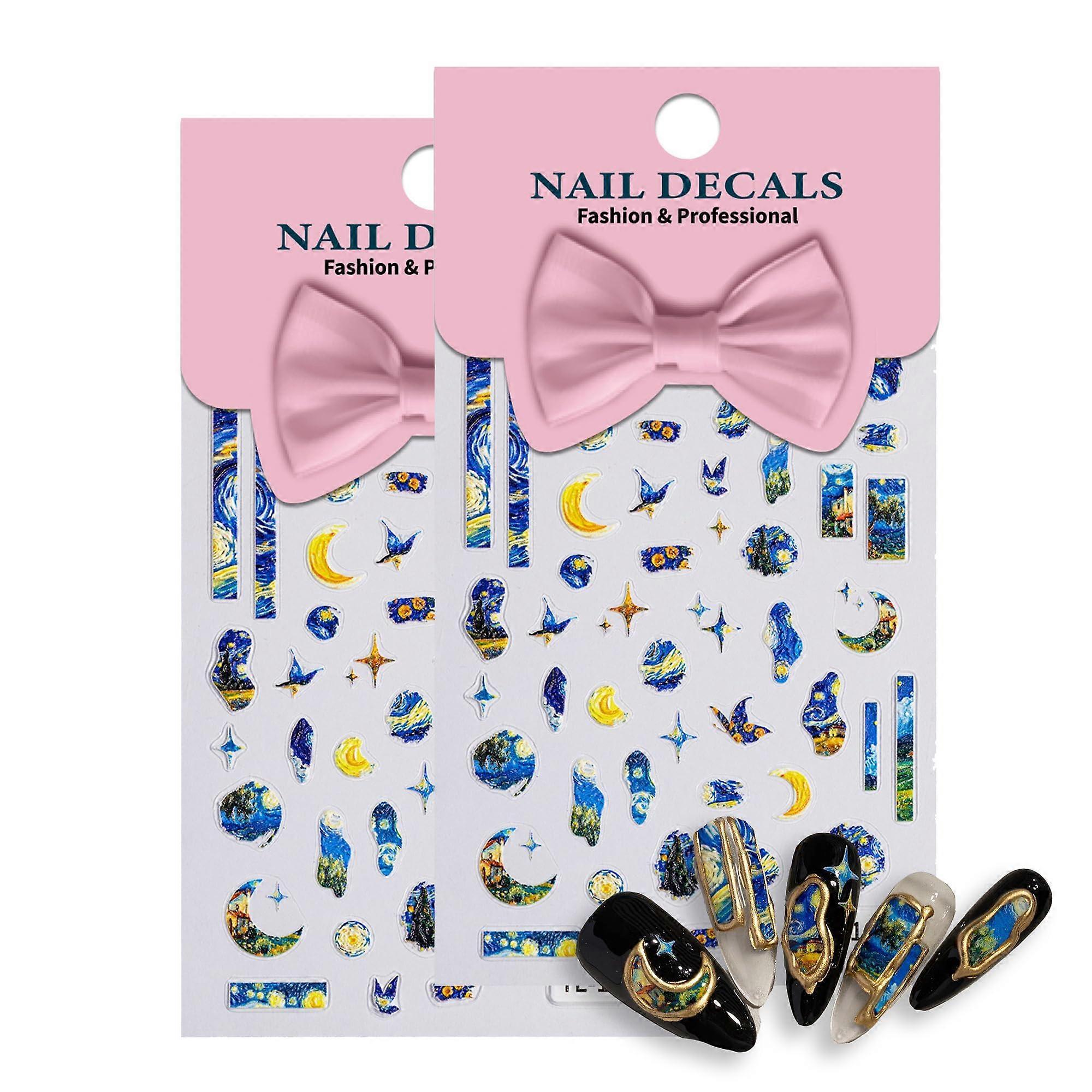 5D Starry Night Nail Art Stickers Embossed Self Adhesive Nail Decals 2 Sheets