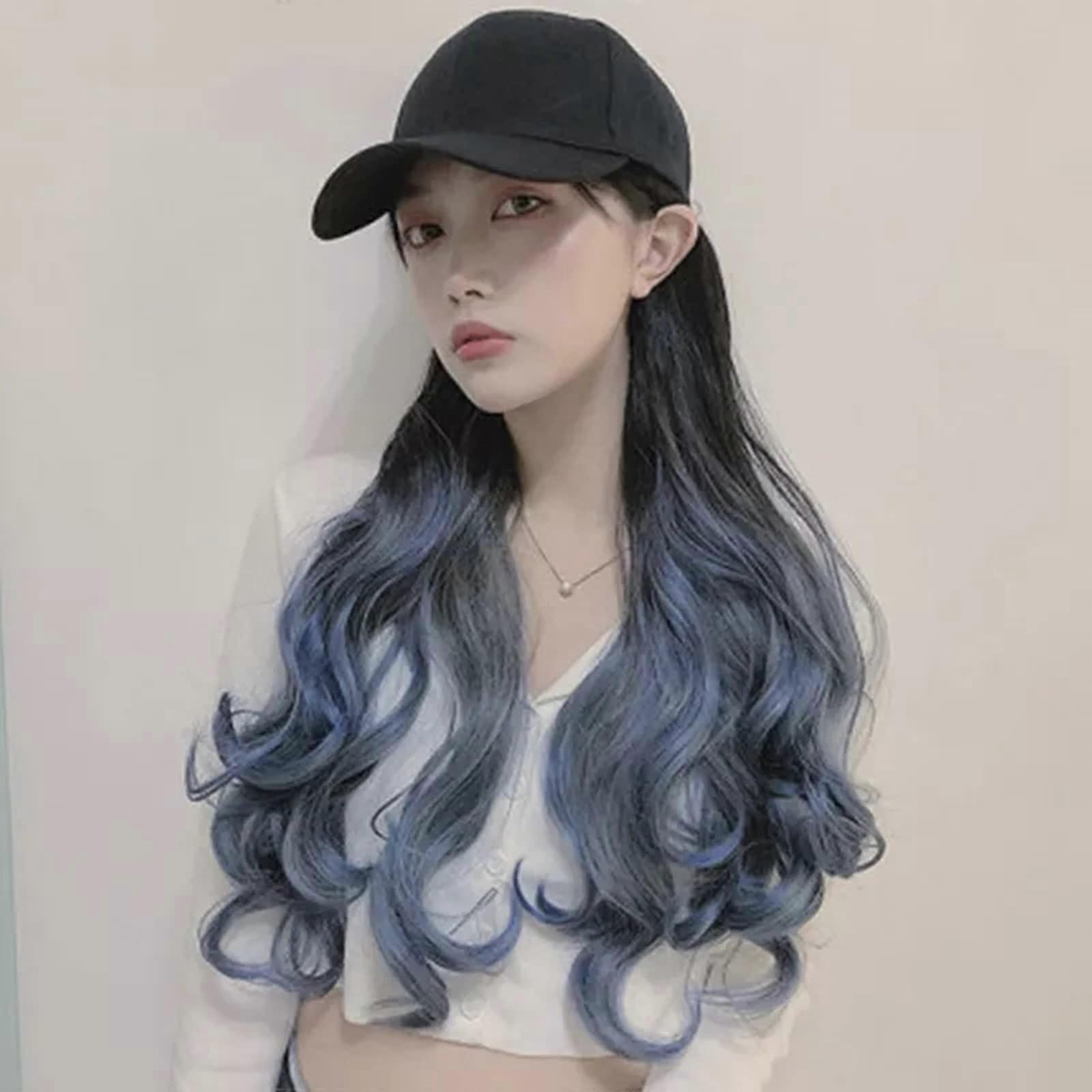 Peruca com touca, cabelo sintético longo e ondulado, resistente ao calor, 50 cm (20 polegadas), preto com degradê azul.