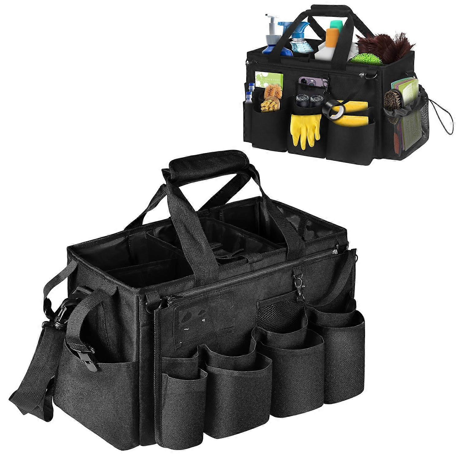 Cleaning Caddy Bag with Adjustable Padded Straps, Waterproof MultiPocket Organizer for Housekeepers (Black)