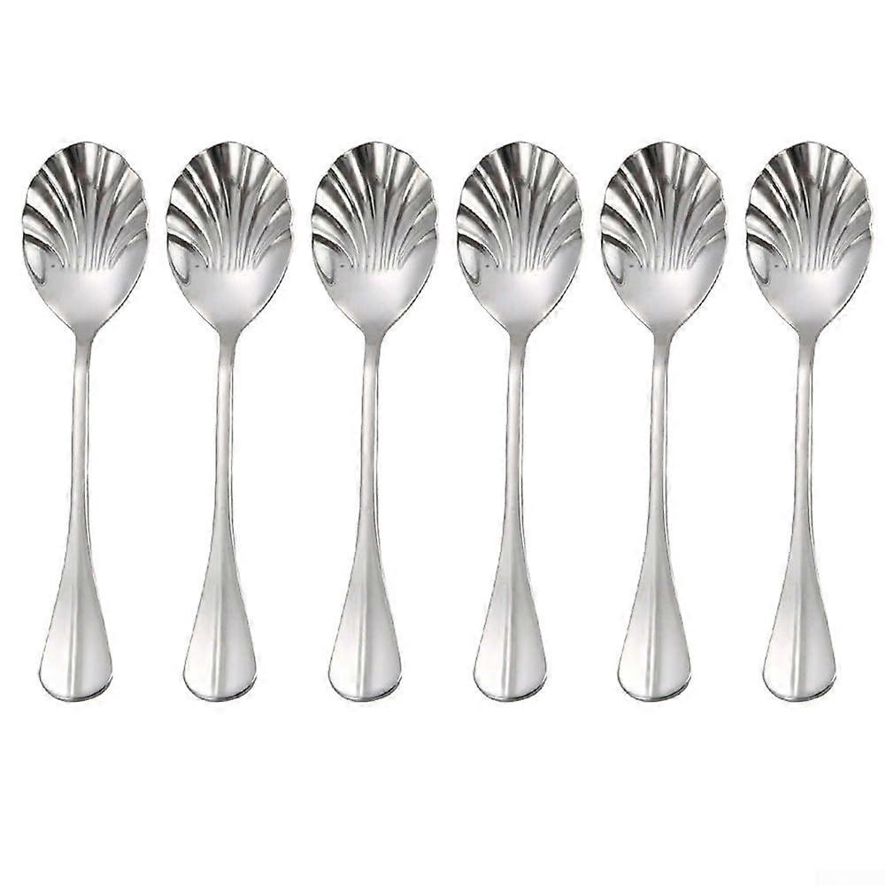 Shell Shaped Stainless Steel Dessert Spoon Set, Long Handle Mirror Polished, 6Pack Assorted Colors