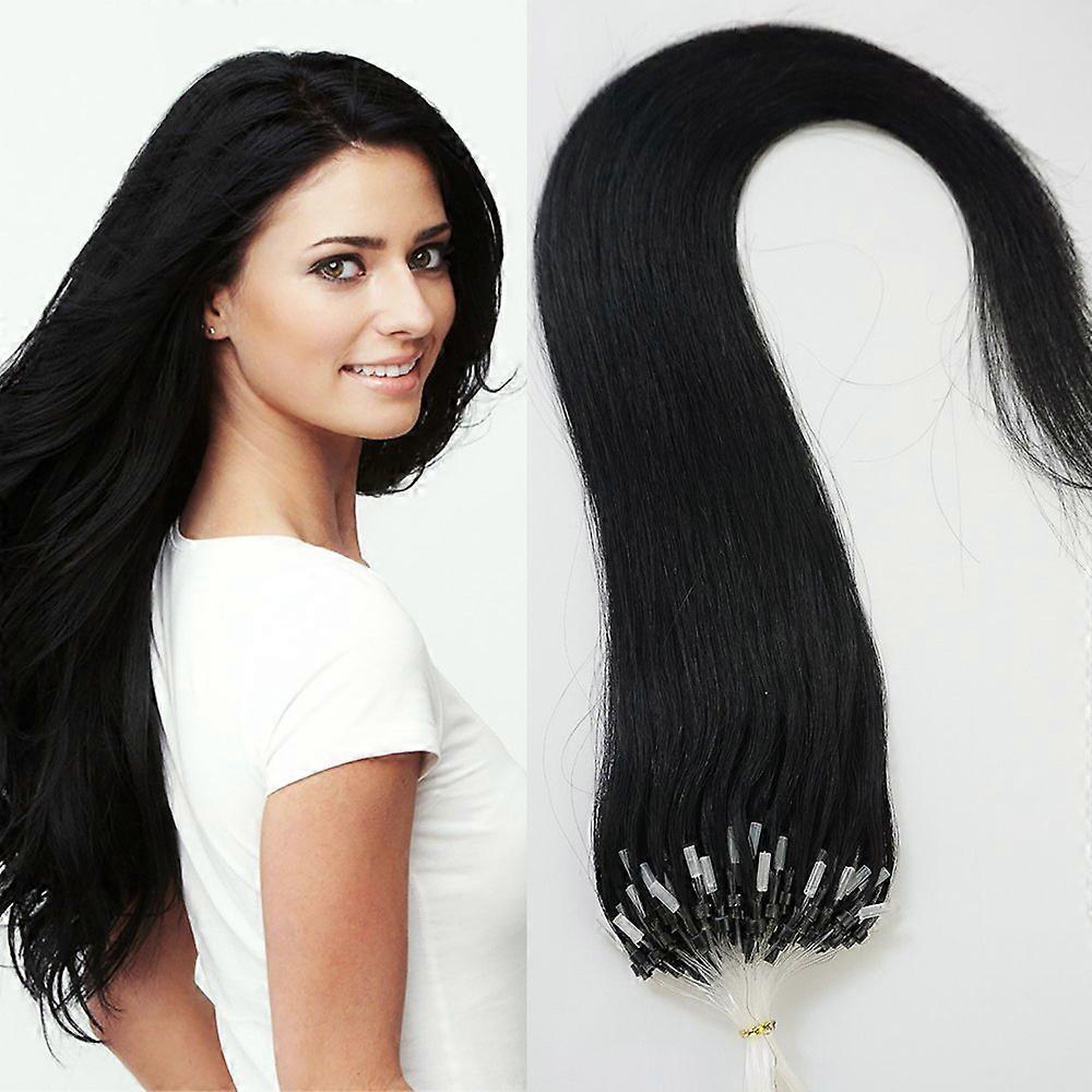 22 Inch Jet Black Micro Ring Loop Human Hair Extensions 100 Strands Straight Natural Texture