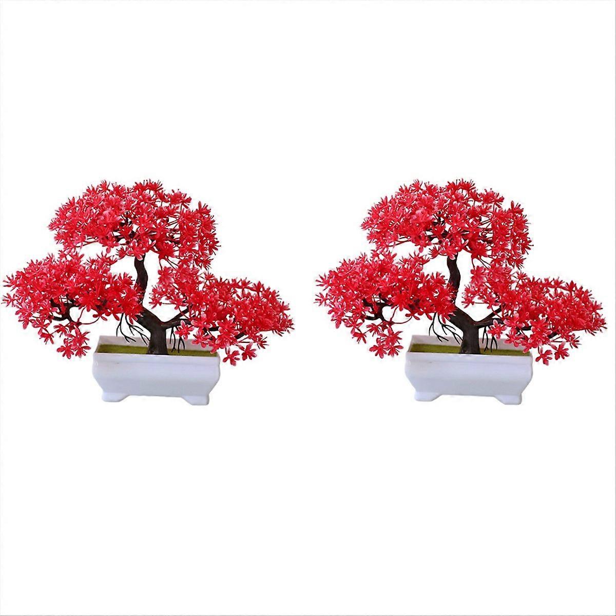 2Pcs Artificial Plant Bonsai Plastic Small Tree Pot,Red