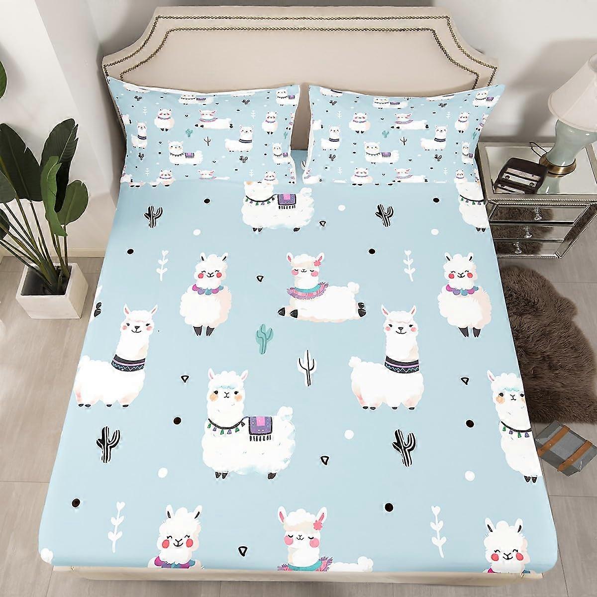Alpaca Fitted Sheet Full Size Bedding Set with Cactus Print for Kids, Soft Polyester 3PCS