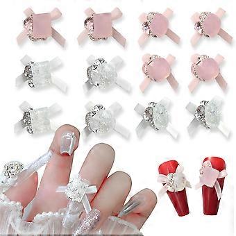 12pcs Organza Bow Rhinestone Nail Art Charms Pink 3D Decorations for Women Manicure