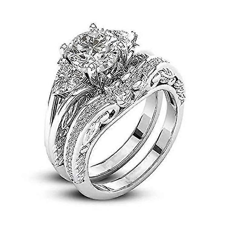 Silver Plated Floral Diamond Set Ring - Simple Silver Flower Pattern Diamond Set Ring