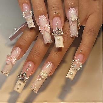 Long French Tip Press on Nails with Glue, Square Acrylic Fake Nails Pearl Heart Flower Design for Women