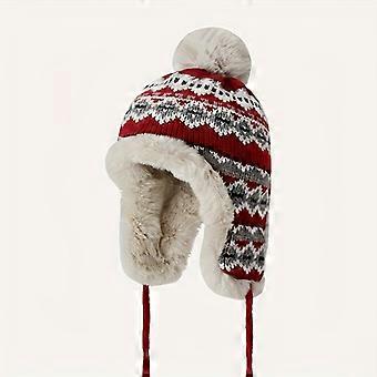 Boho Jacquard Beanie with Pom, Thick Knit Winter Hat with Ear Flaps, Vintage Warm Skull Cap, Elastic Stretch Fit for Women