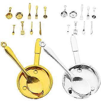 Miniature Kitchen Cutlery Set for Dollhouse Decoration, Plastic Pretend Play Tableware, 2 Sets, 11 Pieces Each, Desktop Ornament and Photography Prop