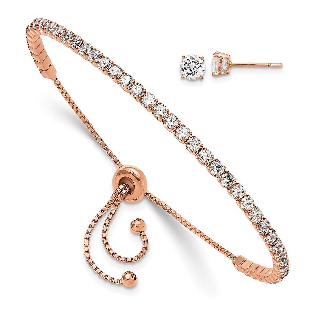 925 Sterling Silver Rose tone Cubic Zirconia Adjustable Bracelet and Earrings Set Jewelry-Set for Women