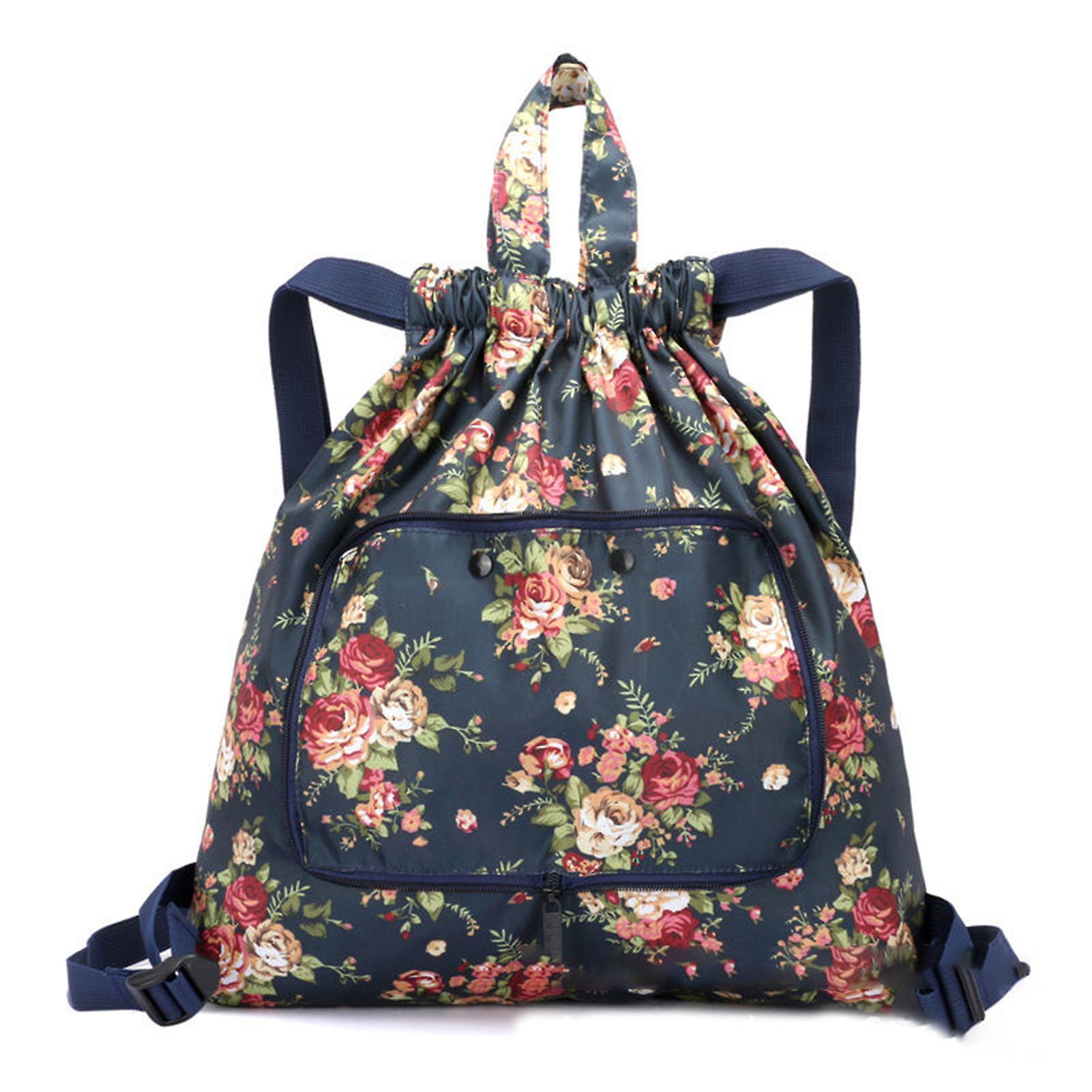 Multifunctional Foldable Portable Shopping Bag Women's Printed Drawstring Backpack for Camping Outdoor Activity