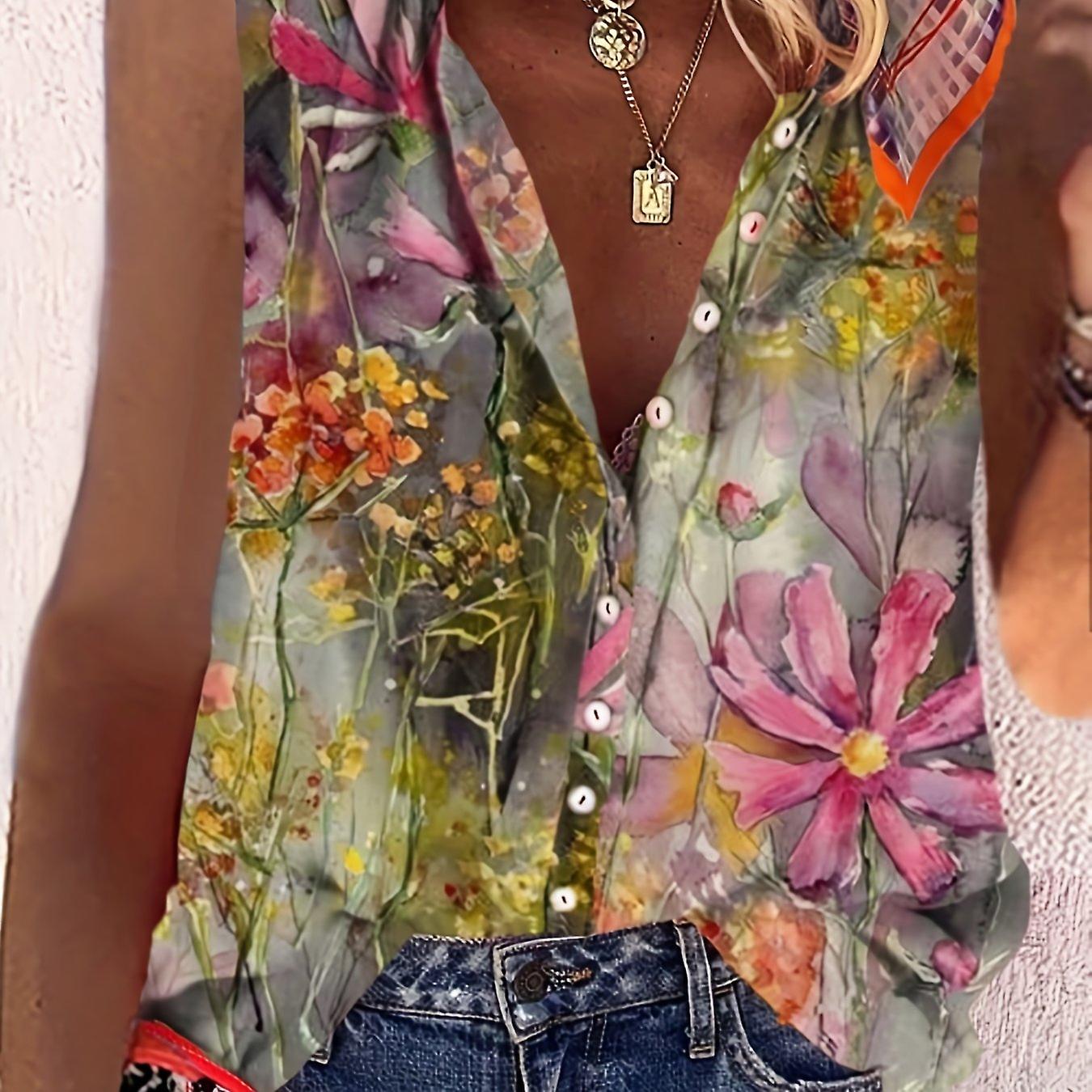 Blomsterprint Ærmeløs bluse Casual Crew Neck Button Frontbluse Dame S Beklædning