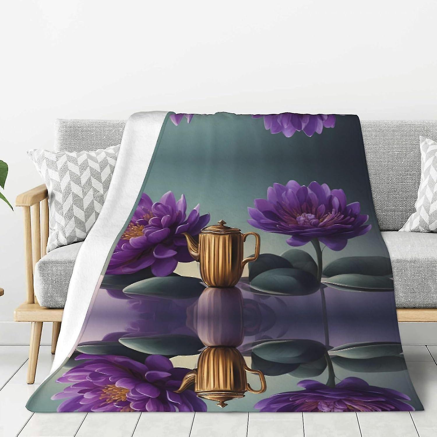Purple And Teal Flowers Pattern Thicken Flannel Blanket 80"x60" : Lightweight, Warm And Durable, Super Soft
