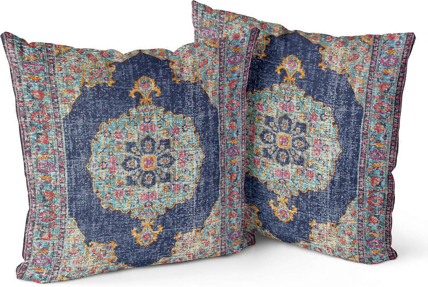 Boho Throw Pillow Covers 18x18 inch Set of 2,Soft Pillowcases Monaco Rug Persian Carpet Pattern Decorative Sofa Living Room Bed Square Pillow Case Cus