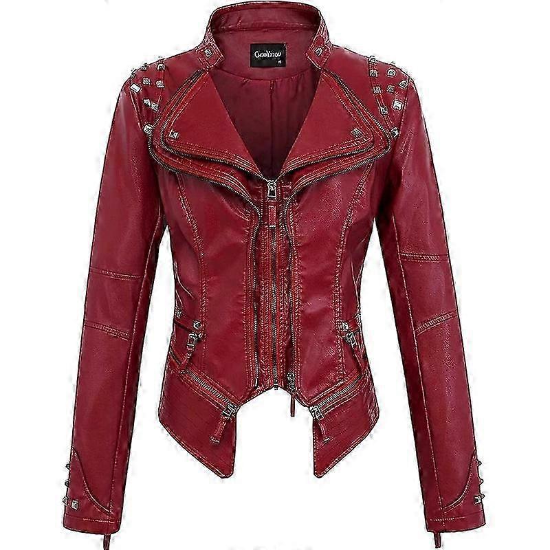 Women's Fashion Studded Shaping Faux Leather Biker Jacket Red L
