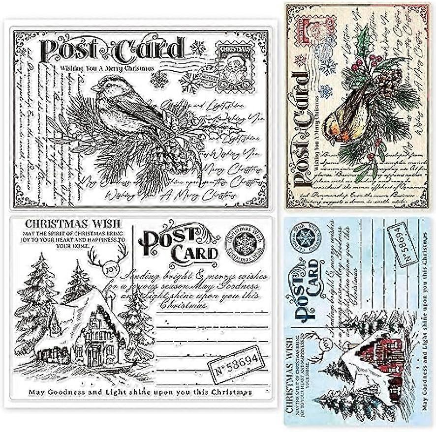 Christmas Postcard Postage Transparent Clear Stamps Retro Text Background Bird Embossing Stamp Sheets Silicone Clear Stamps Seal for DIY Scrapbooking