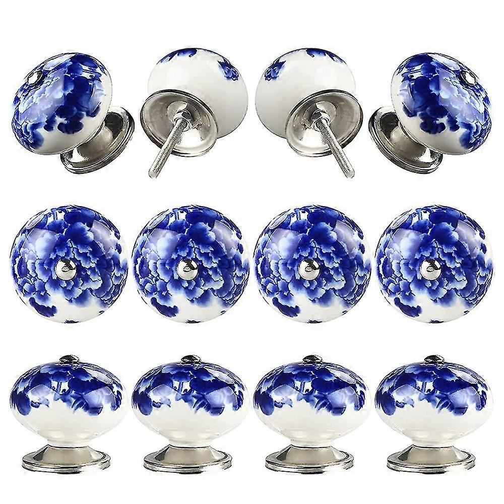 12pcs Handmade Ceramic Door Knobs For Placards Cabinet Knobs Blue On White Wardrobe Door Handles C