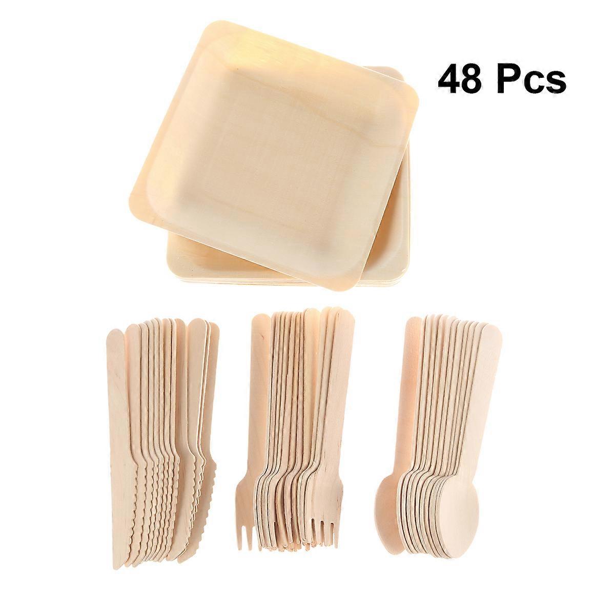 48pcs Set Convenient Multi-Function Disposable Utensils Cutlery Set Party Supplies Wood Tableware For Dessert Camping Salad Cake