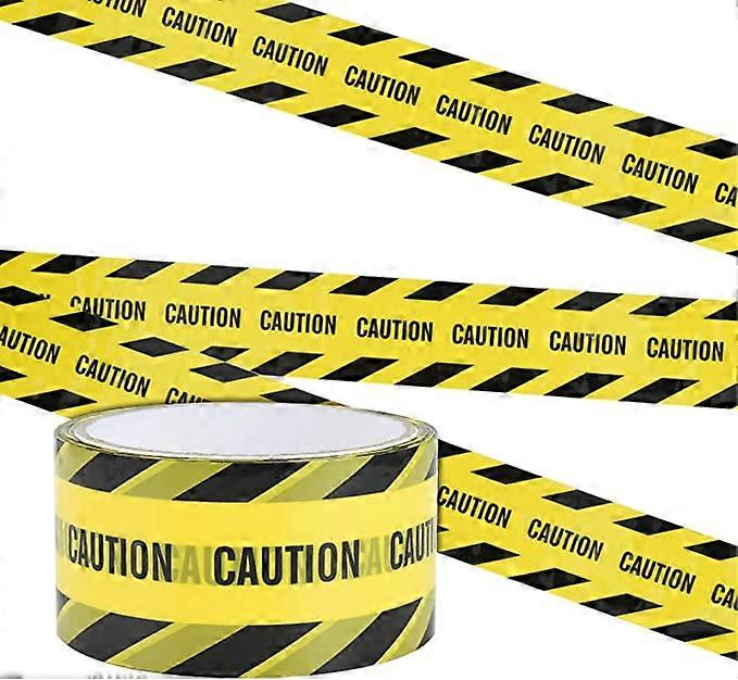 CAUTION' yellow with black diagonal warning tape (25m * 4.8cm), warning adhesive barrier tape, bold black font, maximum readability of text, suitable