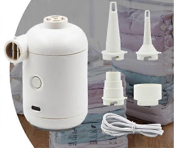 White Mini Electric Pump, USB Portable Camping Electric Air Pumps, Quick Inflator and Deflator, 3 Nozzle Inflator for Air Pool Toys
